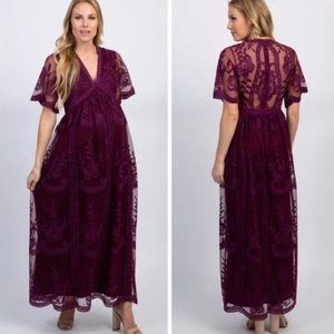 PinkBlush Deep Burgundy Purple Lace Mesh Overlay Maternity Maxi Dress